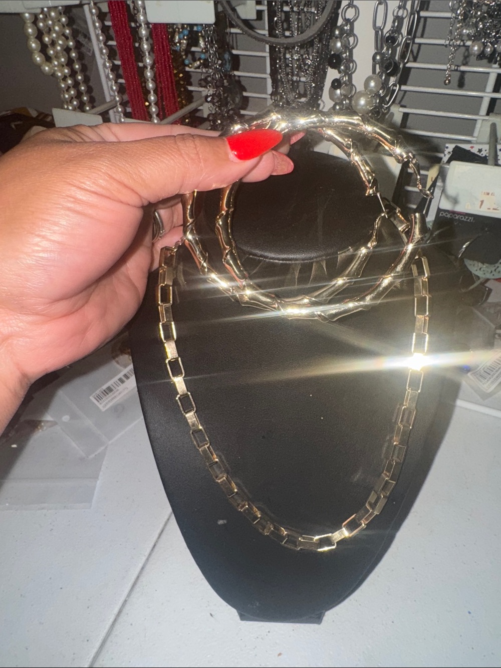 Gold Bamboo Hoop Earrings and Box Link Necklace Set